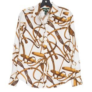 Ralph Lauren Equestrian Print Horse Button Up Top White Brown M Old Money Preppy